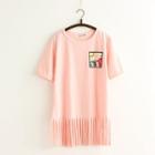 Short-sleeve Fringe Hem Long T-shirt