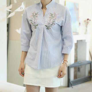 Flower Embroidery Striped Blouse
