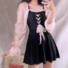 Set: Long-sleeve Mesh Panel Swim Dress / Crop Top