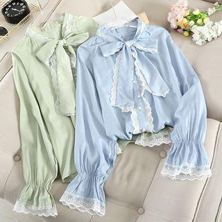 Tie-neck Lace Trim Chiffon Blouse