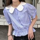 Puff-sleeve Gingham Cropped Blouse Blue - One Size