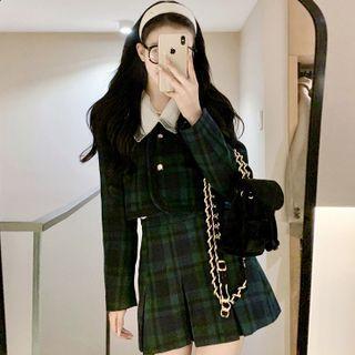 Long-sleeve Plaid Cropped Jacket / Peter Pan-collar Shirt / Pleated Mini A-line Skirt