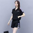 Set: Short-sleeve Lettering Print Blouse + Shorts