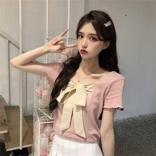 Bow-accent Short-sleeve T-shirt Pink - One Size