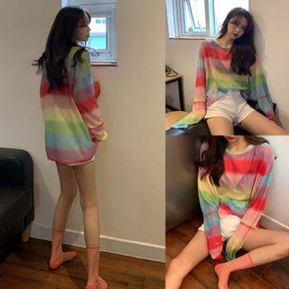 Long-sleeve Striped Sheer Top Rainbow - One Size