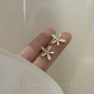 925 Sterling Silver Rhinestone Shell Flower Earring 1 Pair - Earring - Flower - One Size