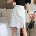 Washed Slit A-line Denim Mini Skirt