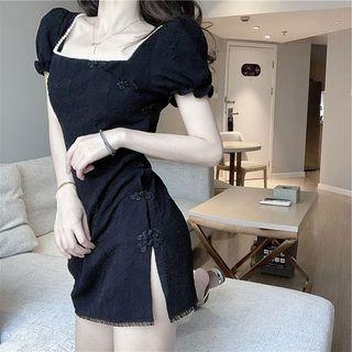 Puff Sleeve Square Neck Slit-side Mini Sheath Dress