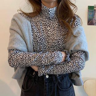 Mock-turtleneck Long-sleeve Leopard Print Top As Shown In Figure - One Size