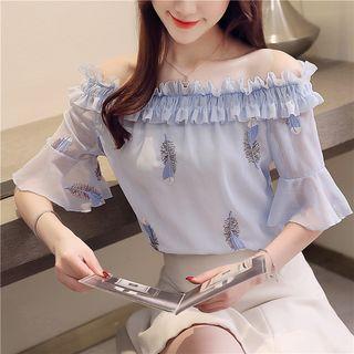 Off-shoulder Feather Embroidered Top