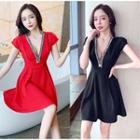 Cap-sleeve Rhinestone Embellished Plunge-neck Mini A-line Dress