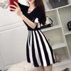 Striped Short-sleeve A-line Knit Dress