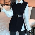 Set: Slit Sweater Vest + Long-sleeve Shirt