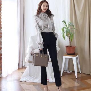 Set: Bow Satin Blouse + Straight Leg Dress Pants