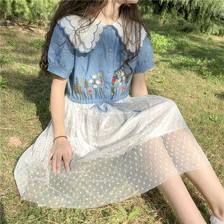 Short-sleeve Embroidered Mesh Dress Light Blue - One Size