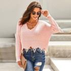 Long Sleeve V-neck Distressed Knitted Top