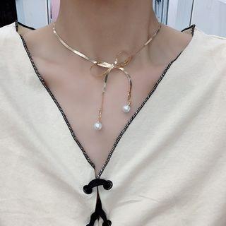 Faux Pearl Alloy Bow Choker Gold - One Size
