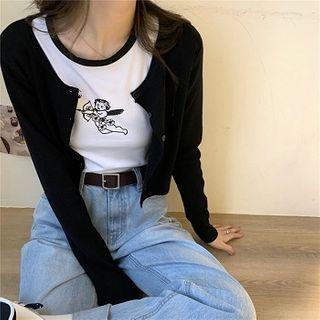 Angel Print Short-sleeve Cropped T-shirt / Cropped Knit Cardigan