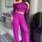 Set: Long-sleeve Off-shoulder Crop Top + Wide Leg Pants