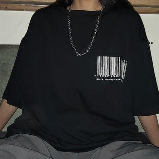 Bar-code Print Elbow-sleeve T-shirt