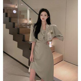 Elbow-sleeve Lettering Single-breasted Cropped Blazer / Spaghetti Strap Midi A-line Dress