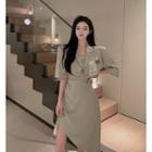 Elbow-sleeve Lettering Single-breasted Cropped Blazer / Spaghetti Strap Midi A-line Dress