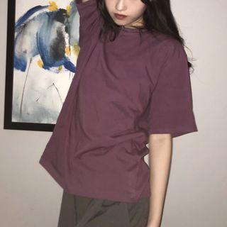Plain Elbow Sleeve T-shirt Purple - One Size