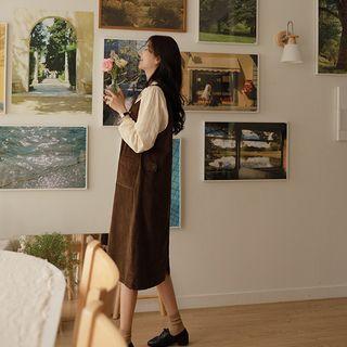 V-neck Corduroy Midi Overall Dress