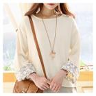 Round-neck Floral-cuff Knit Top