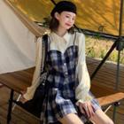 Mock Two-piece Long-sleeve Plaid Crop Shirt / Plaid Pleated Mini A-line Skirt