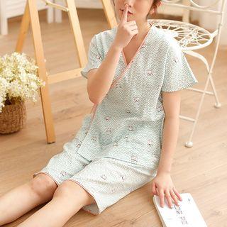 Loungewear Set: Printed Short-sleeve Wrap Top + Shorts