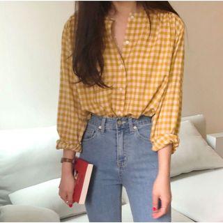 Plaid Band Collar Shirt Yellow - One Size