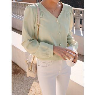 Plus Size V-neck Faux-pearl Shirred Blouse