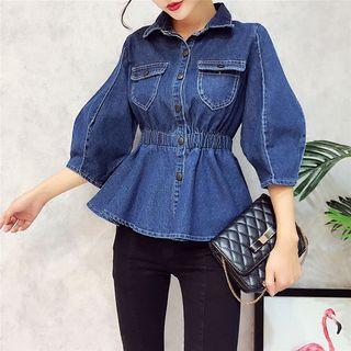 Balloon-sleeve Gathered Waist Denim Jacket