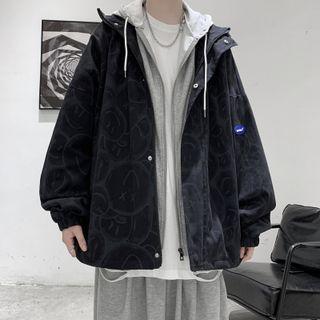 Mock Two-piece Face Print Hooded Zip-up Jacket