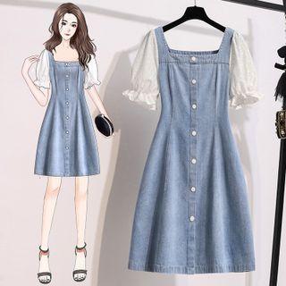 Short-sleeve Panel Denim Midi A-line Dress