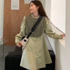 Long-sleeve Stand-collar Mini Shirtdress / Round Neck Plaid Button-up Vest