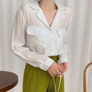 Lapel Collar Front Pocket Plain Blouse
