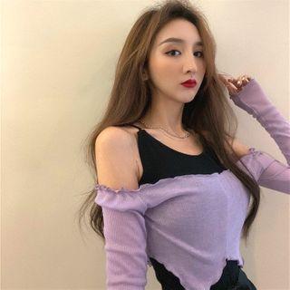 Set: Plain Long-sleeve Slim-fit Top + Sleeveless Top