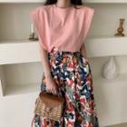 Cap-sleeve T-shirt / Floral Print Midi A-line Skirt
