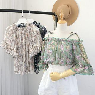 Floral Print Cold Shoulder Bell-sleeve Chiffon Blouse