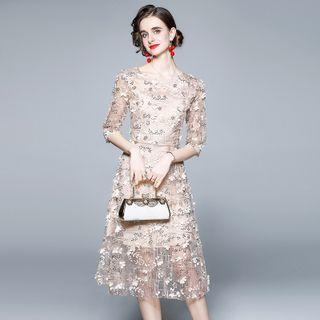 Elbow-sleeve Embroidered Mesh Midi A-line Dress
