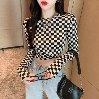 Long-sleeve Plaid Cropped T-shirt Plaid - Black & White - One Size