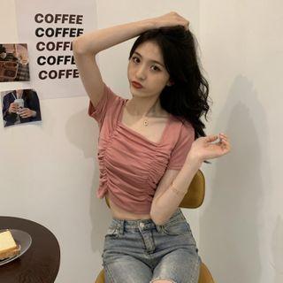 Plain Short-sleeve Square-neck Shirred Cropped T-shirt