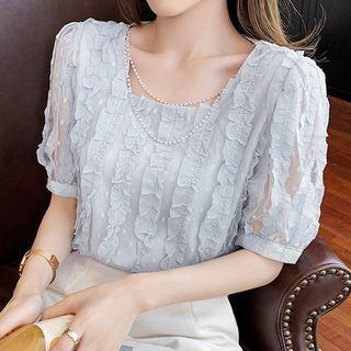 Short-sleeve Square-neck Plain Lace Chiffon Blouse
