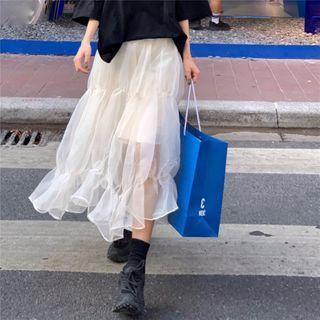 Mesh Panel Midi A-line Skirt White - One Size