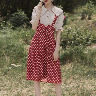 Set: Contrast Trim Short-sleeve Shirt + Dotted A-line Pinafore Dress