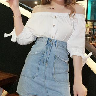 Set: Plain Off Shoulder Elbow Sleeve Blouse + A-line Denim Skirt