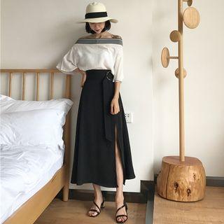 Set: Off-shoulder Elbow-sleeve Chiffon Top + Slit Midi Skirt
