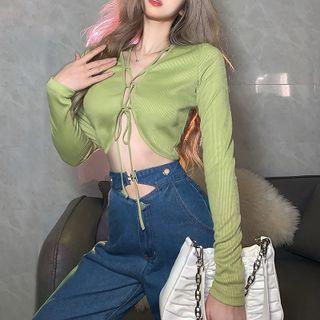 Long-sleeve Asymmetrical Tie-front Crop Top